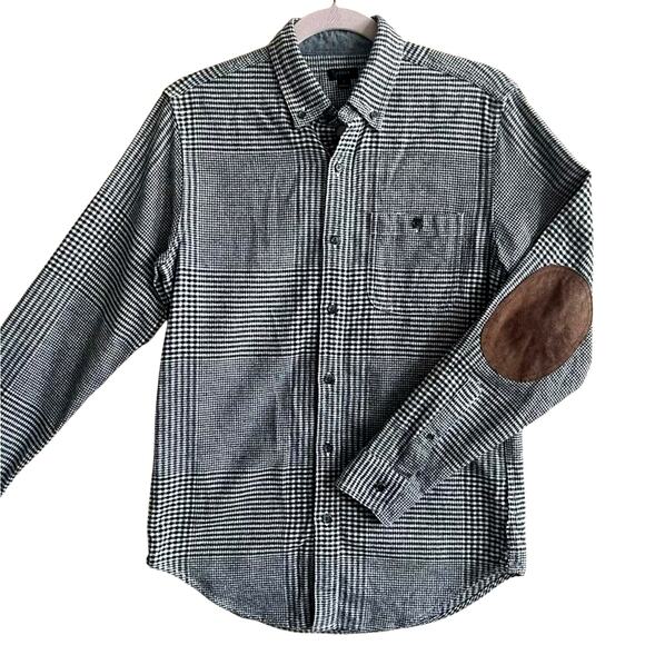 J Crew Men's M Plaid Long Sleeve Elbow Patches Work Shirt COTTON Flannel Gray - Picture 1 of 8